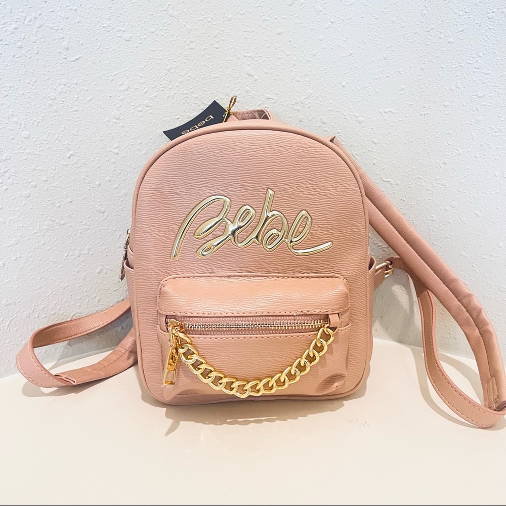 BEBE Gianna Logo Chain Women’s Blush Mini Backpack OS NWT